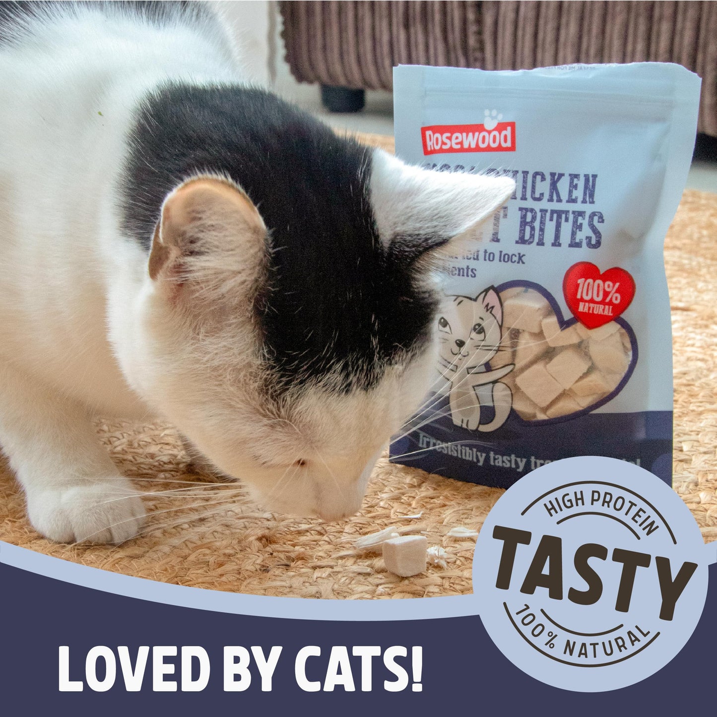 Rosewood Freeze Dried Chicken Bites for Cats - All Natural Chicken Fillet, Small, Bite-Sized Cat Treats, Grain-Free, Natural and Healthy Cat Snacks (Case of 12 x 15g Packs)