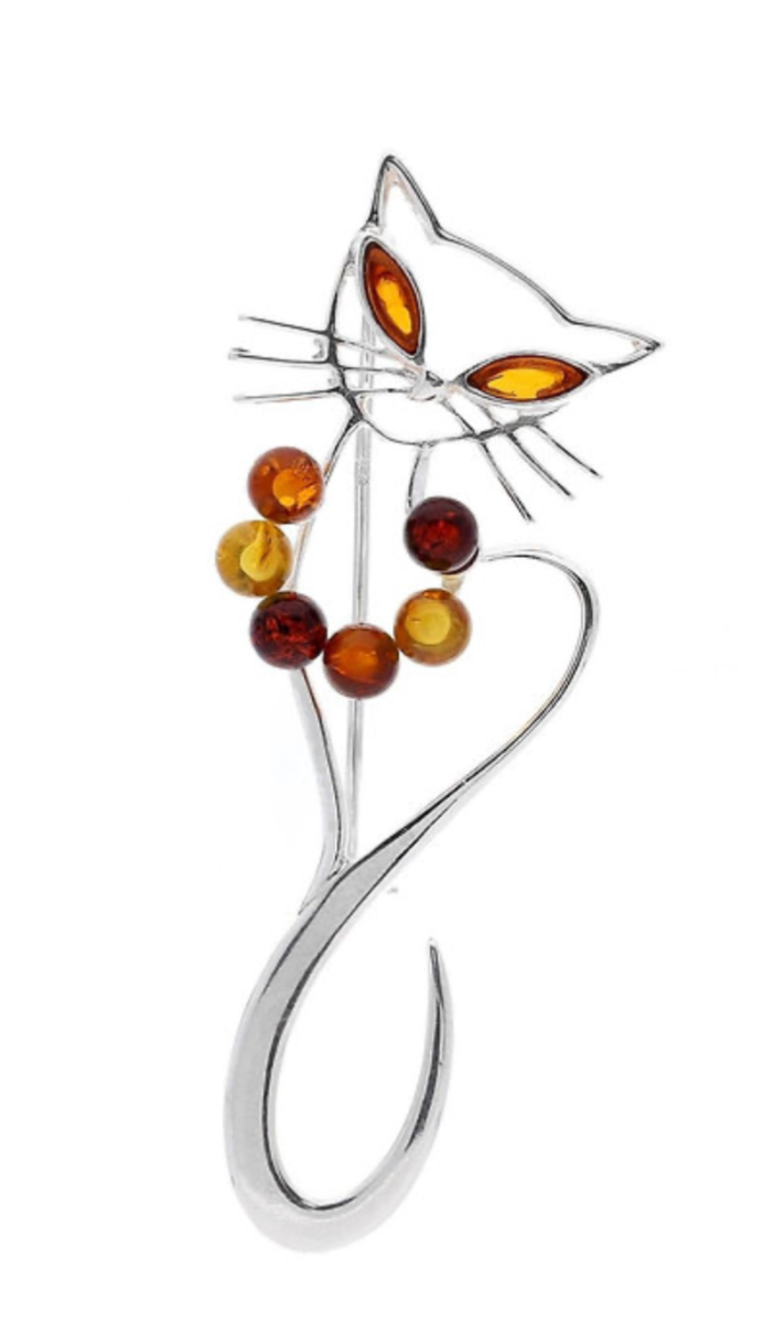 Silver Cat Brooch Multi Colour Amber. FREE DELIVERY - Sayby’s Sanctuary 