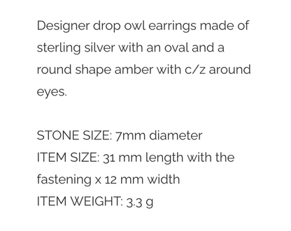 Amber Drop Owl Earrings. FREE DELIVERY - Sayby’s Sanctuary 