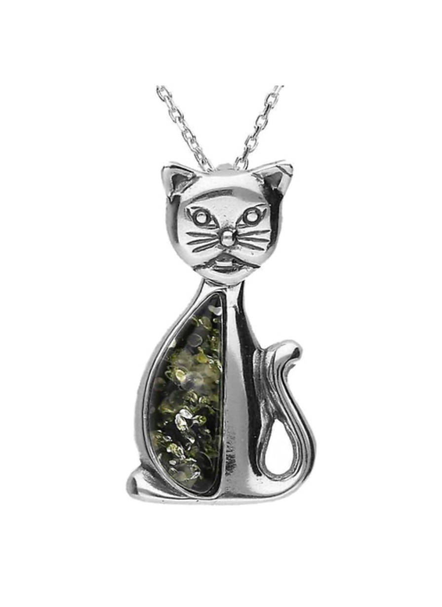 Designer Amber Silver Cat Pendant. FREE DELIVERY - Sayby’s Sanctuary 