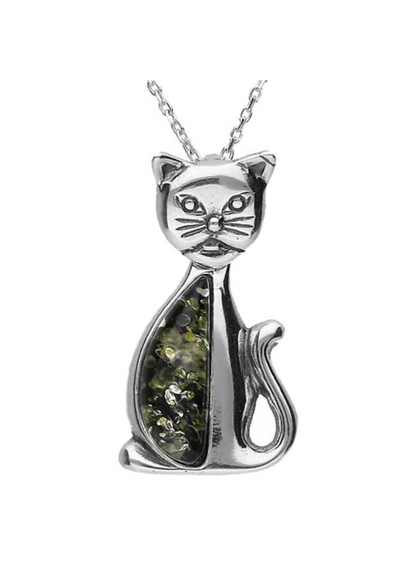 Designer Amber Silver Cat Pendant. FREE DELIVERY - Sayby’s Sanctuary 
