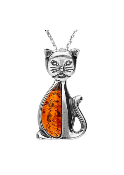 Designer Amber Silver Cat Pendant. FREE DELIVERY - Sayby’s Sanctuary 