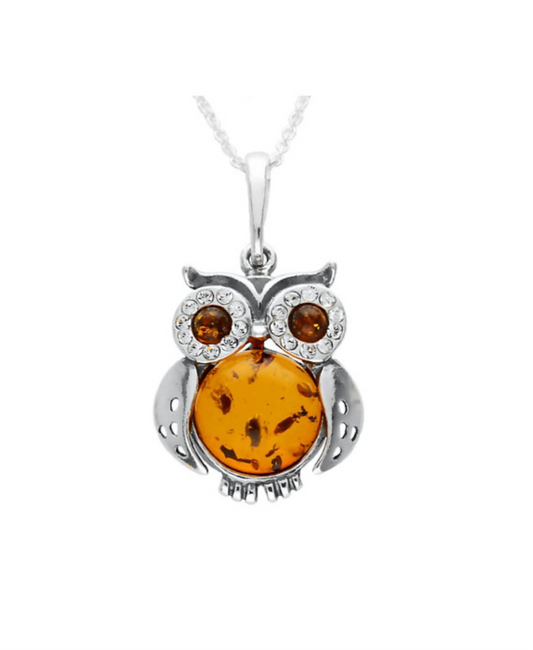 Small Owl Amber Zirconia Silver Pendant. FREE DELIVERY - Sayby’s Sanctuary 
