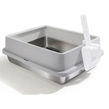 FURRYPAWS XL Stainless Steel Cat Litter Tray, Easy to Clean and Leak-Proof Stainless Steel Litter Box, 20L Large Cat Litter Trays with Litter Scoop (61x41x30cm)