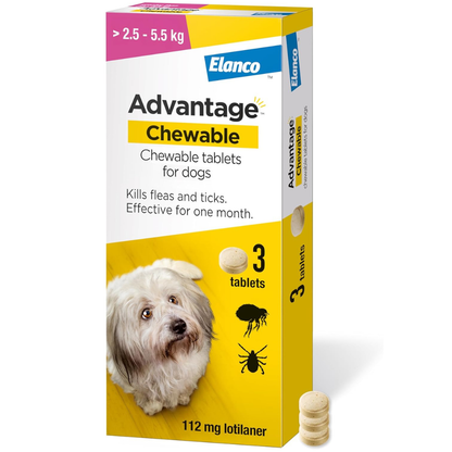Chewable Flea & Tick Treatment Tablets for Dogs 2.5-5.5kg 3 Pack