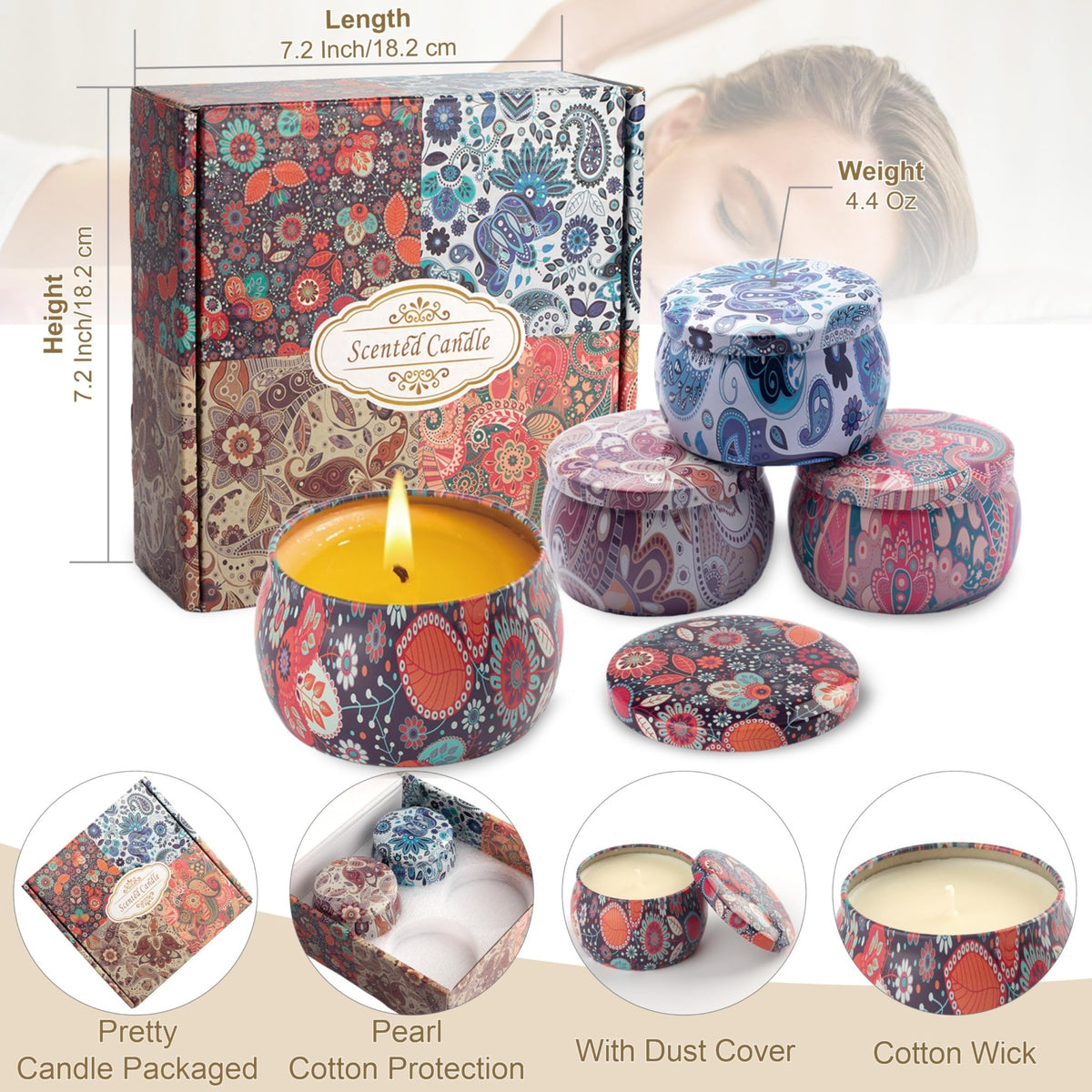 Auralome Scented Candles Sets for Women - Natural Soy Wax Aromatherapy Candle Small Gifts Long Burn Fragranced Aroma Candle Set of 4 4.4 Oz for Birthday Mum Teacher Mothers Day Christmas Diwali Bath - Sayby’s
