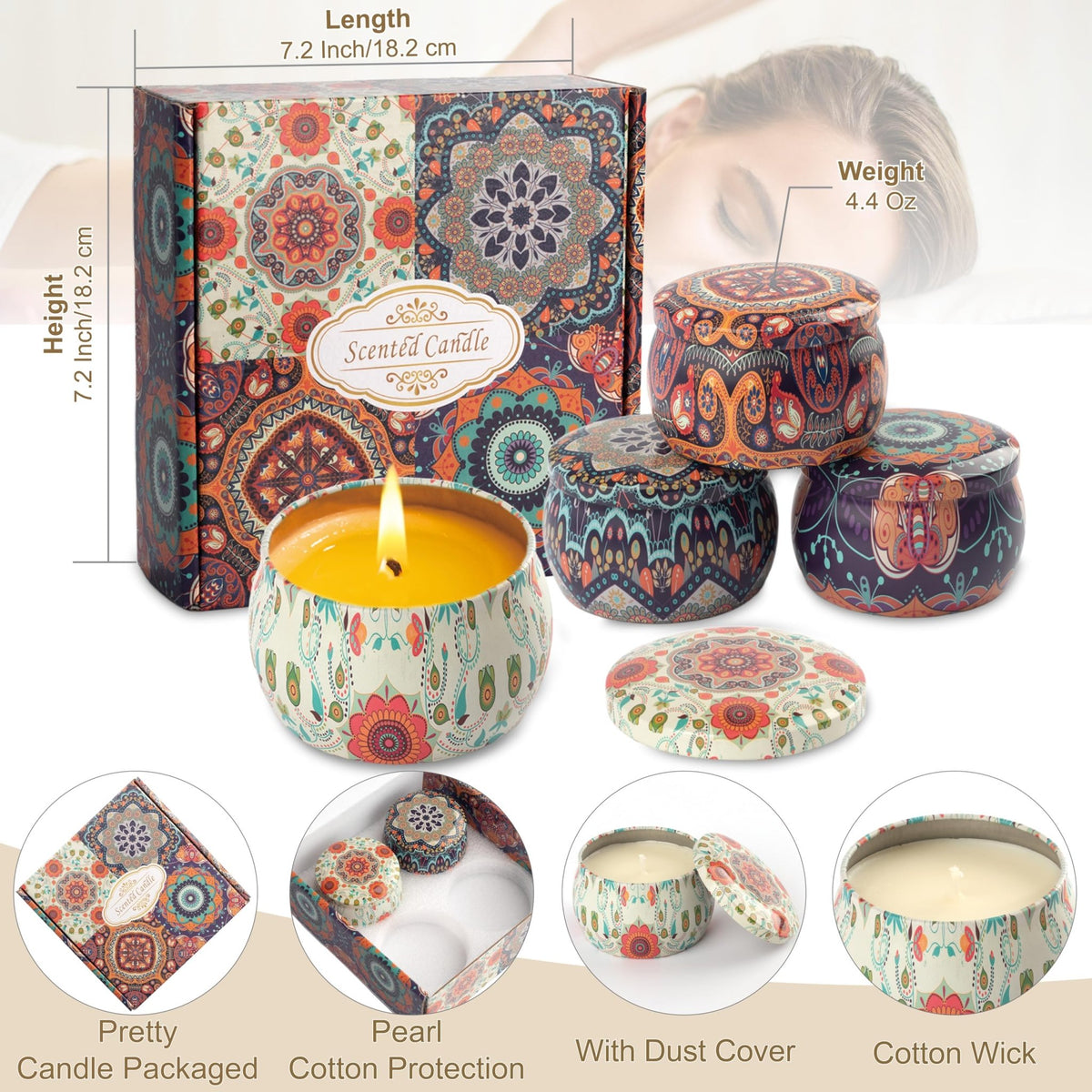 Auralome Scented Candles Sets for Women - Natural Soy Wax Aromatherapy Candle Small Gifts Long Burn Fragranced Aroma Candle Set of 4 4.4 Oz for Birthday Mum Teacher Mothers Day Christmas Diwali Bath - Sayby’s