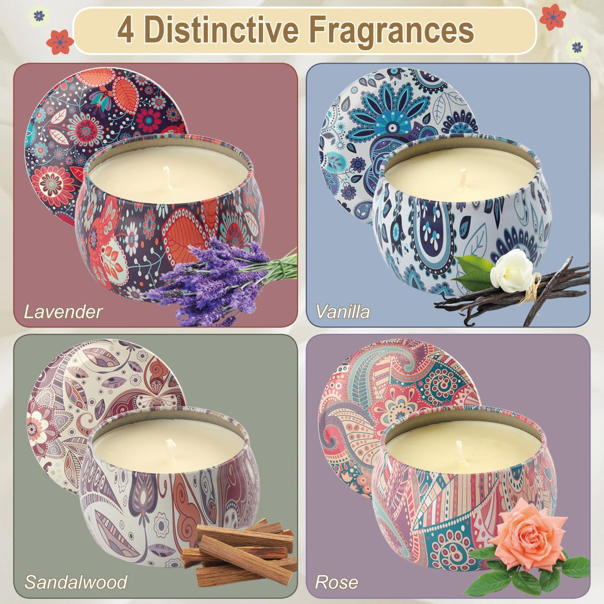 Auralome Scented Candles Sets for Women - Natural Soy Wax Aromatherapy Candle Small Gifts Long Burn Fragranced Aroma Candle Set of 4 4.4 Oz for Birthday Mum Teacher Mothers Day Christmas Diwali Bath - Sayby’s