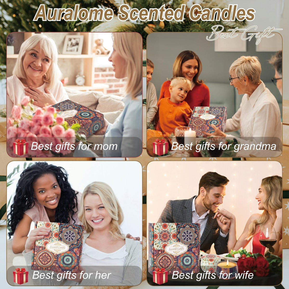 Auralome Scented Candles Sets for Women - Natural Soy Wax Aromatherapy Candle Small Gifts Long Burn Fragranced Aroma Candle Set of 4 4.4 Oz for Birthday Mum Teacher Mothers Day Christmas Diwali Bath - Sayby’s
