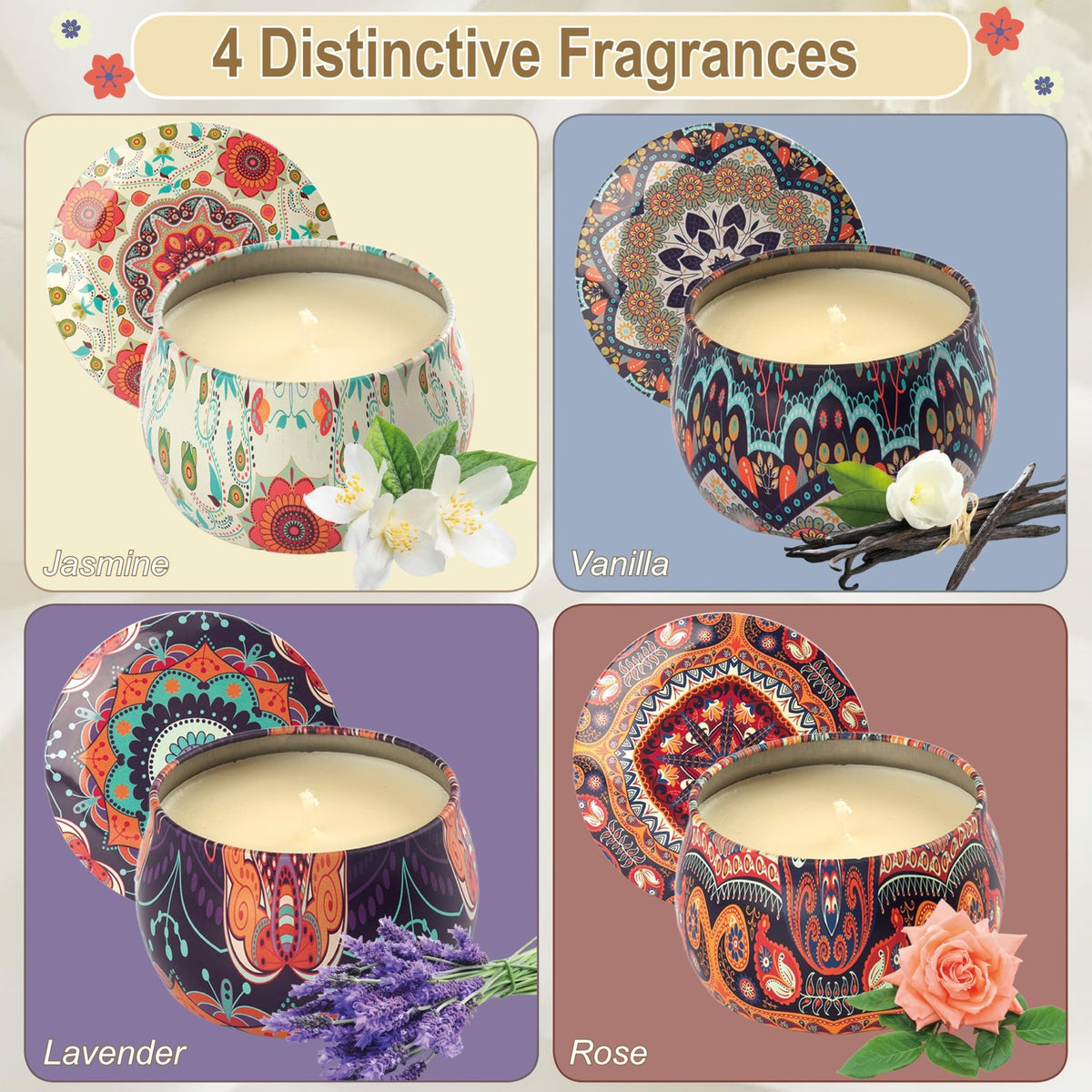 Auralome Scented Candles Sets for Women - Natural Soy Wax Aromatherapy Candle Small Gifts Long Burn Fragranced Aroma Candle Set of 4 4.4 Oz for Birthday Mum Teacher Mothers Day Christmas Diwali Bath - Sayby’s