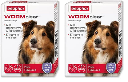 Beaphar | WORMclear® Tablets for Dogs up to 40kg | Kills All Common UK Intestinal Worms (Roundworms & Tapeworms) | Vet Strength Treatment | Pork-flavoured | 4 tablets - Sayby’s