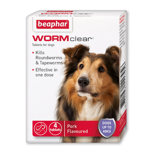 Beaphar | WORMclear® Tablets for Dogs up to 40kg | Kills All Common UK Intestinal Worms (Roundworms & Tapeworms) | Vet Strength Treatment | Pork-flavoured | 4 tablets - Sayby’s