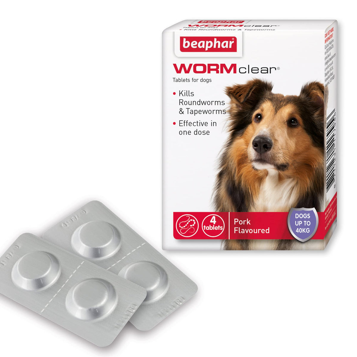 Beaphar | WORMclear® Tablets for Dogs up to 40kg | Kills All Common UK Intestinal Worms (Roundworms & Tapeworms) | Vet Strength Treatment | Pork-flavoured | 4 tablets - Sayby’s
