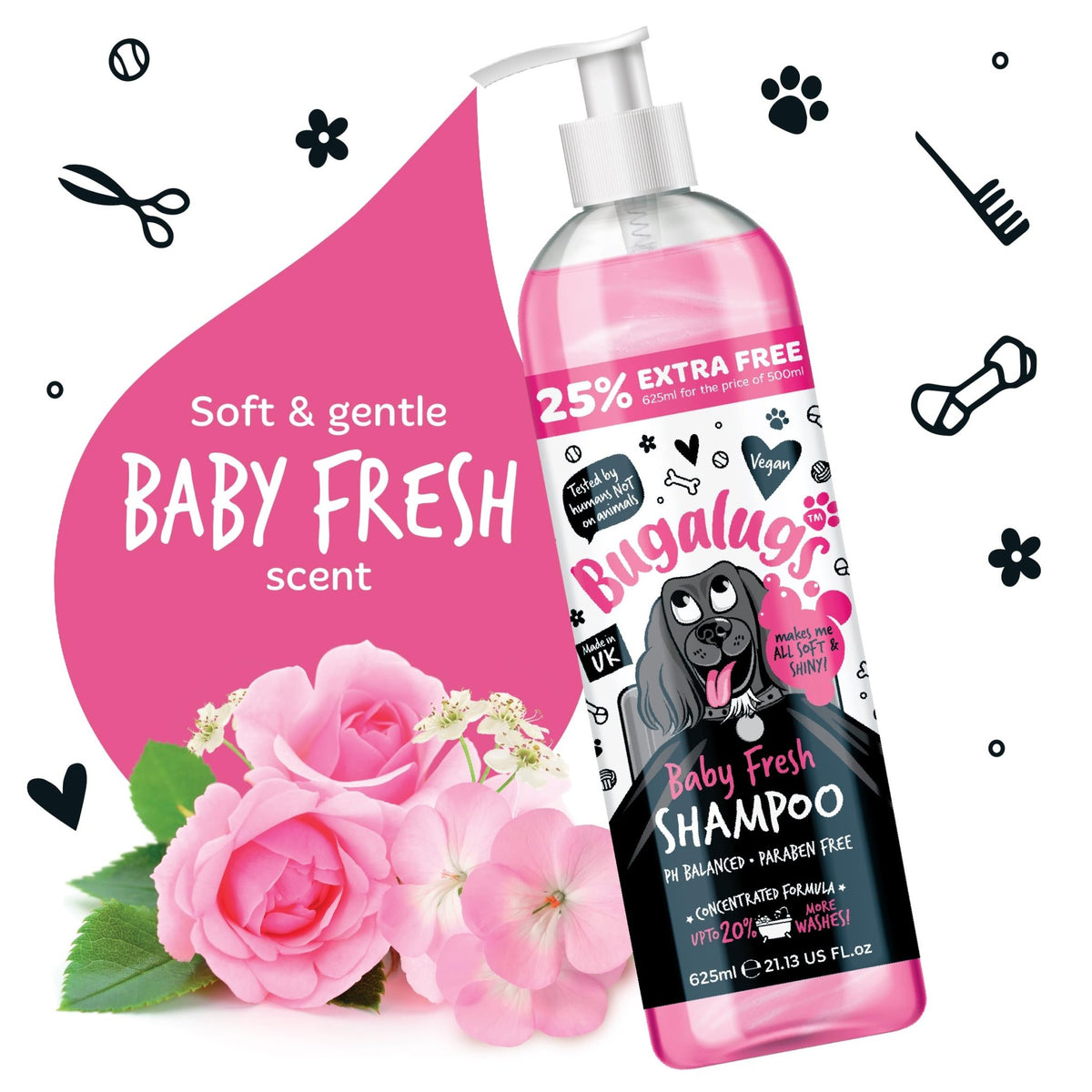 BUGALUGS Baby Fresh Dog Shampoo grooming products for smelly dogs with baby powder scent, best puppy shampoo, Vegan pet shampoo professional (625ml) - Sayby’s