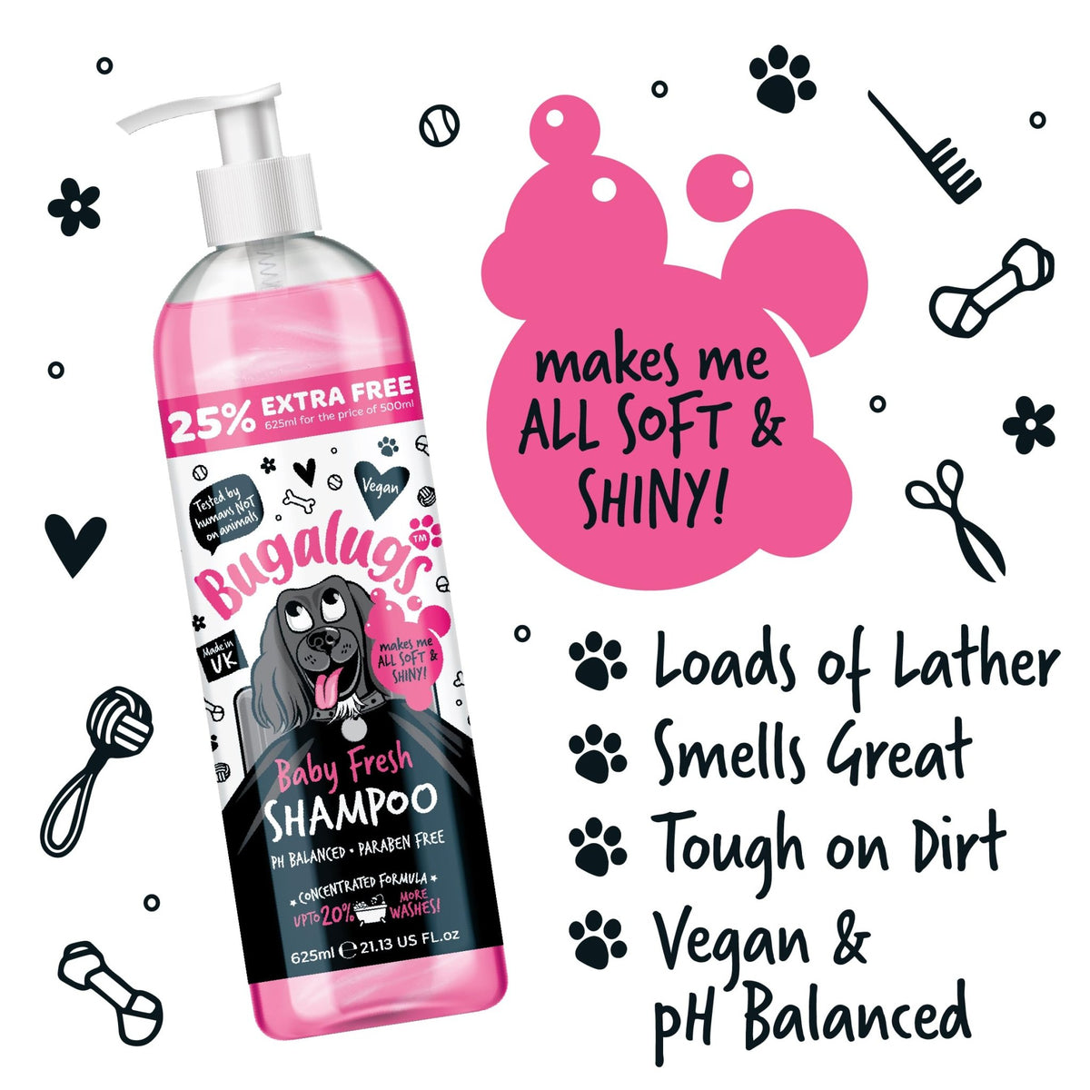 BUGALUGS Baby Fresh Dog Shampoo grooming products for smelly dogs with baby powder scent, best puppy shampoo, Vegan pet shampoo professional (625ml) - Sayby’s