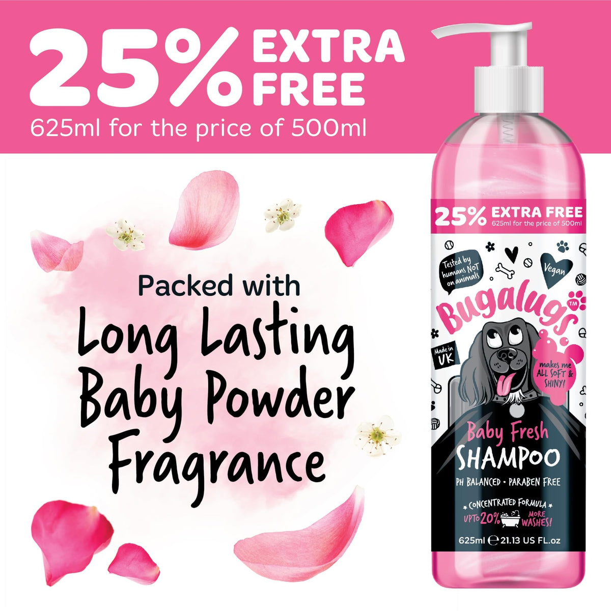 BUGALUGS Baby Fresh Dog Shampoo grooming products for smelly dogs with baby powder scent, best puppy shampoo, Vegan pet shampoo professional (625ml) - Sayby’s