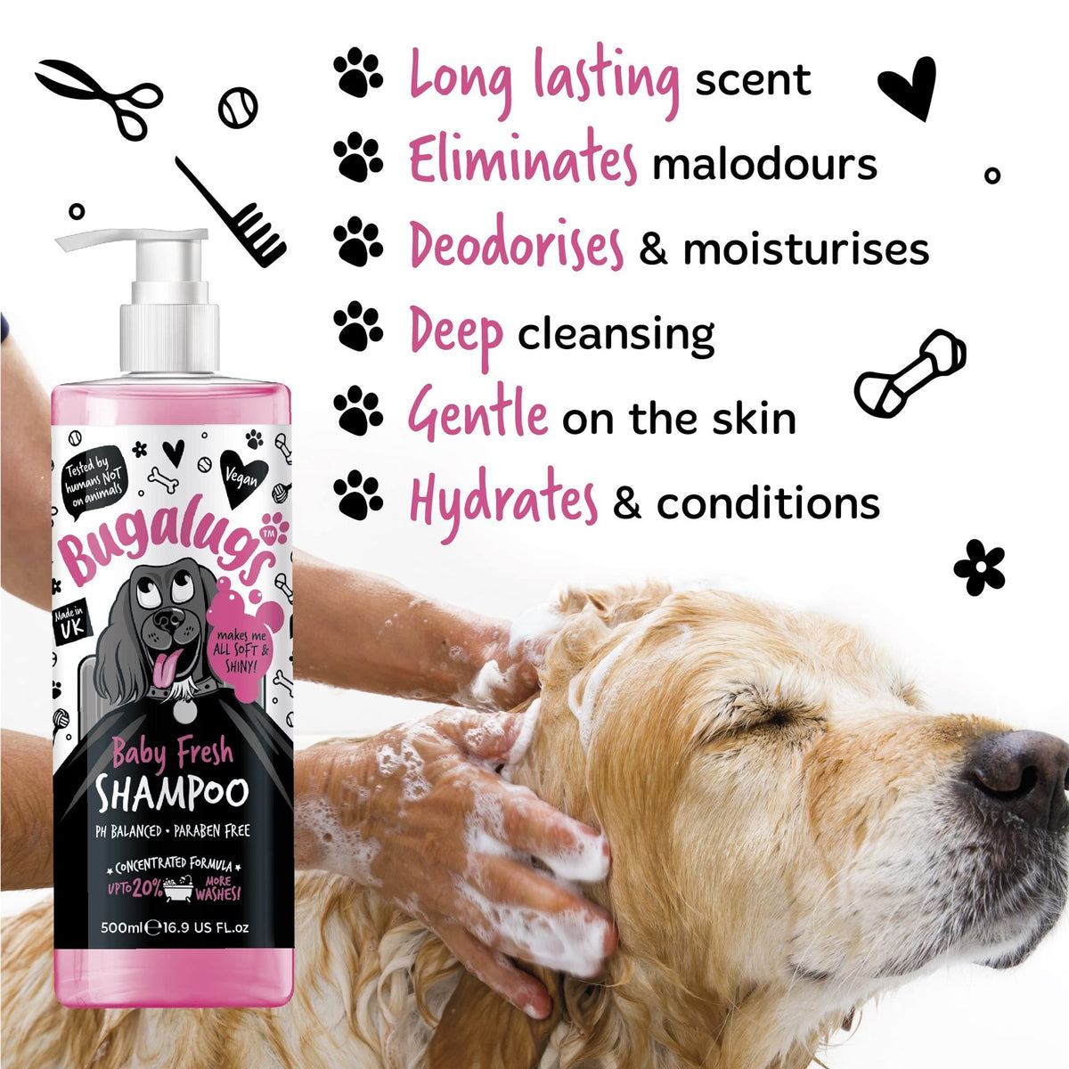 BUGALUGS Baby Fresh Dog Shampoo grooming products for smelly dogs with baby powder scent, best puppy shampoo, Vegan pet shampoo professional (625ml) - Sayby’s