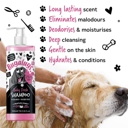 BUGALUGS Baby Fresh Dog Shampoo grooming products for smelly dogs with baby powder scent, best puppy shampoo, Vegan pet shampoo professional (625ml) - Sayby’s