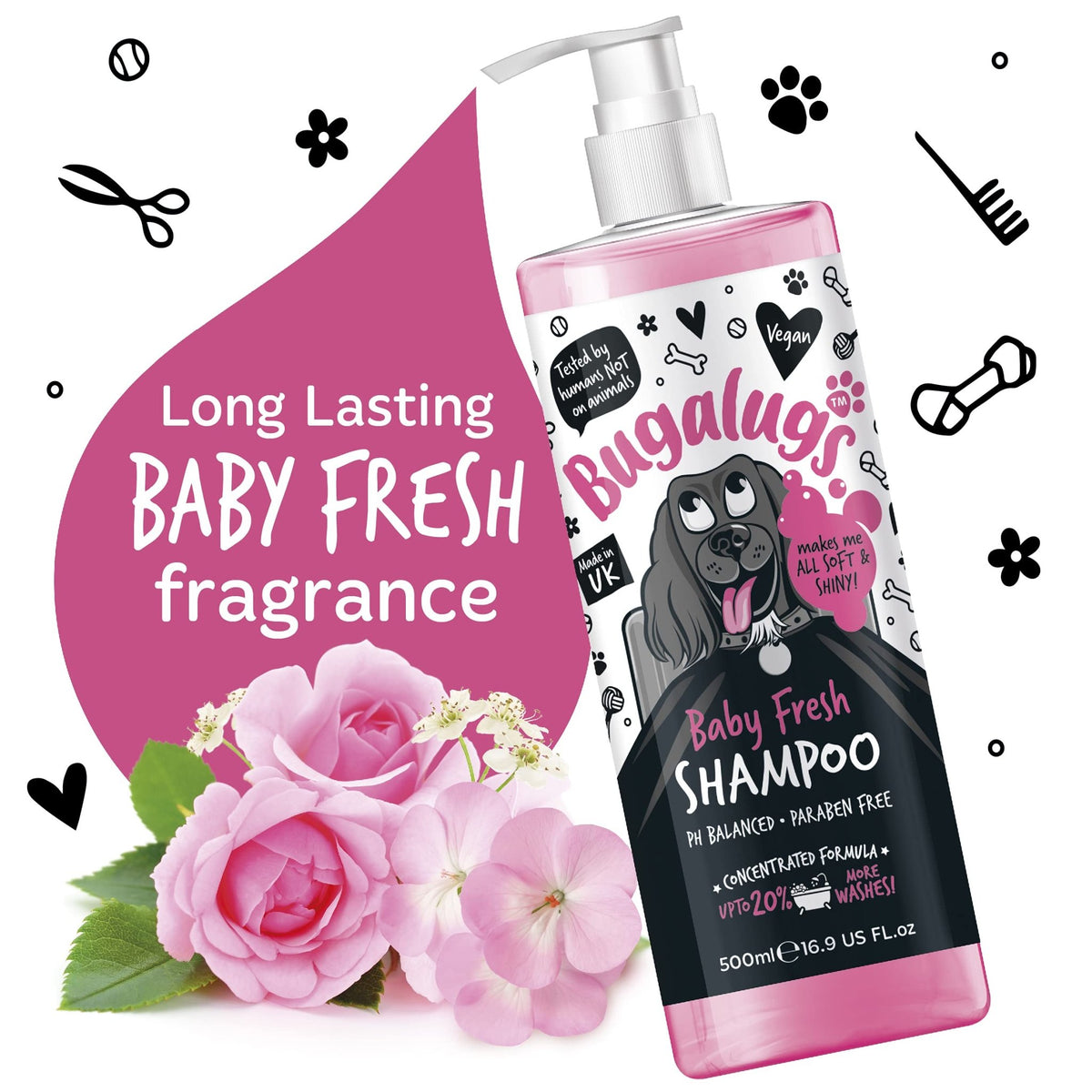 BUGALUGS Baby Fresh Dog Shampoo grooming products for smelly dogs with baby powder scent, best puppy shampoo, Vegan pet shampoo professional (625ml) - Sayby’s