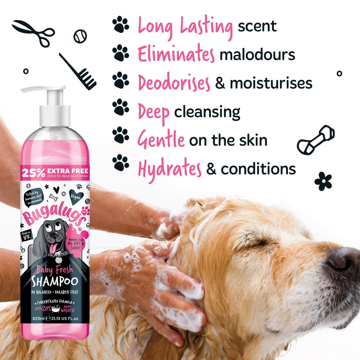 BUGALUGS Baby Fresh Dog Shampoo grooming products for smelly dogs with baby powder scent, best puppy shampoo, Vegan pet shampoo professional (625ml) - Sayby’s