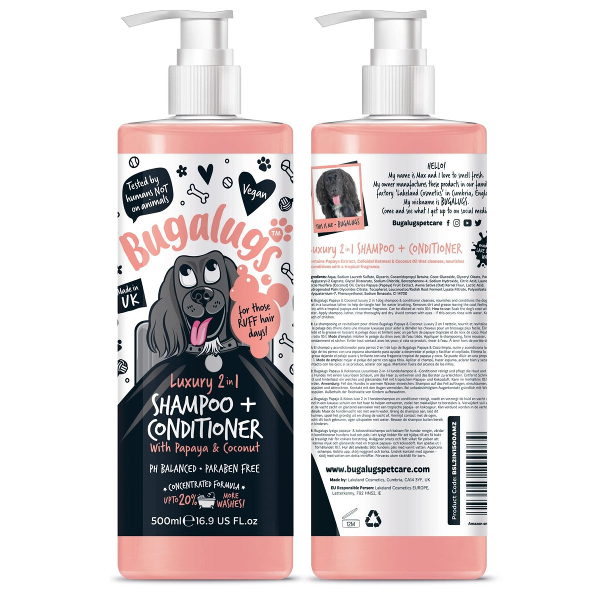 BUGALUGS Dog Shampoo and Conditioner with Luxury 2 in 1 Papaya & Coconut fragrance, professional puppy shampoo grooming products for smelly dogs - Sayby’s