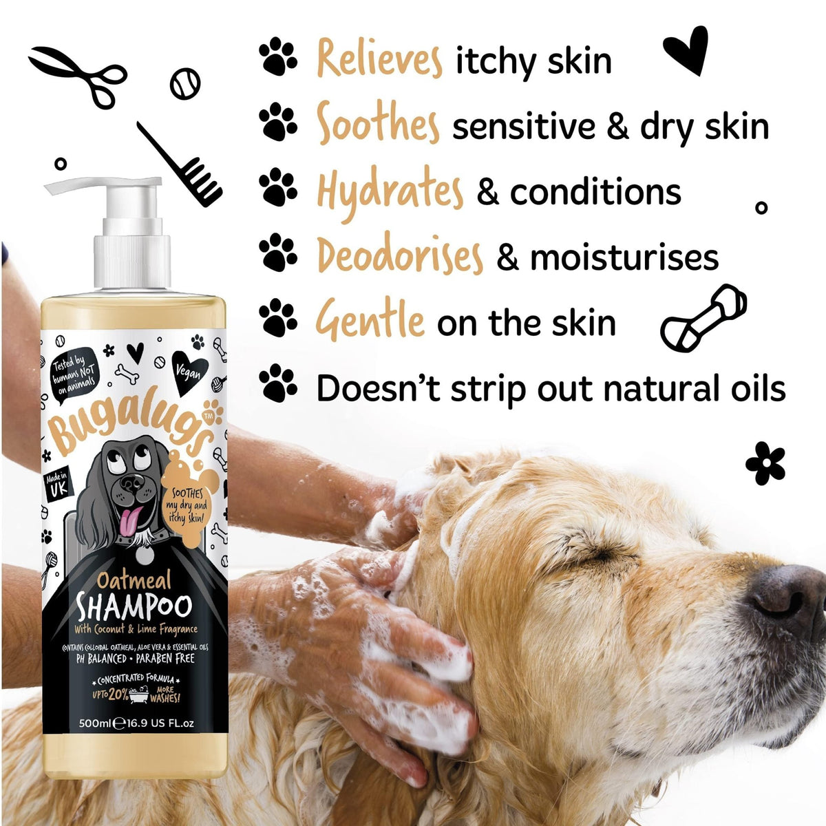 BUGALUGS Itchy Dog Shampoo with Oatmeal & Aloe Vera Dog professional Vegan dog grooming products for smelly dogs with fragrance can use as puppy shampoo (500ml) - Sayby’s