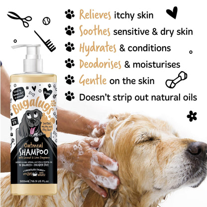 BUGALUGS Itchy Dog Shampoo with Oatmeal & Aloe Vera Dog professional Vegan dog grooming products for smelly dogs with fragrance can use as puppy shampoo (500ml) - Sayby’s
