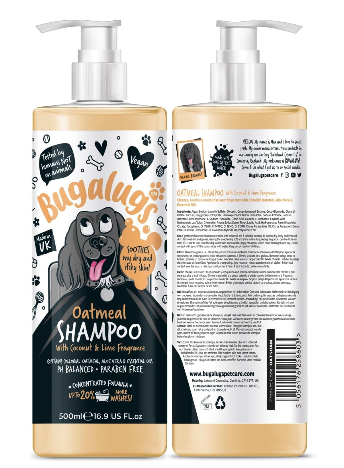 BUGALUGS Itchy Dog Shampoo with Oatmeal & Aloe Vera Dog professional Vegan dog grooming products for smelly dogs with fragrance can use as puppy shampoo (500ml) - Sayby’s