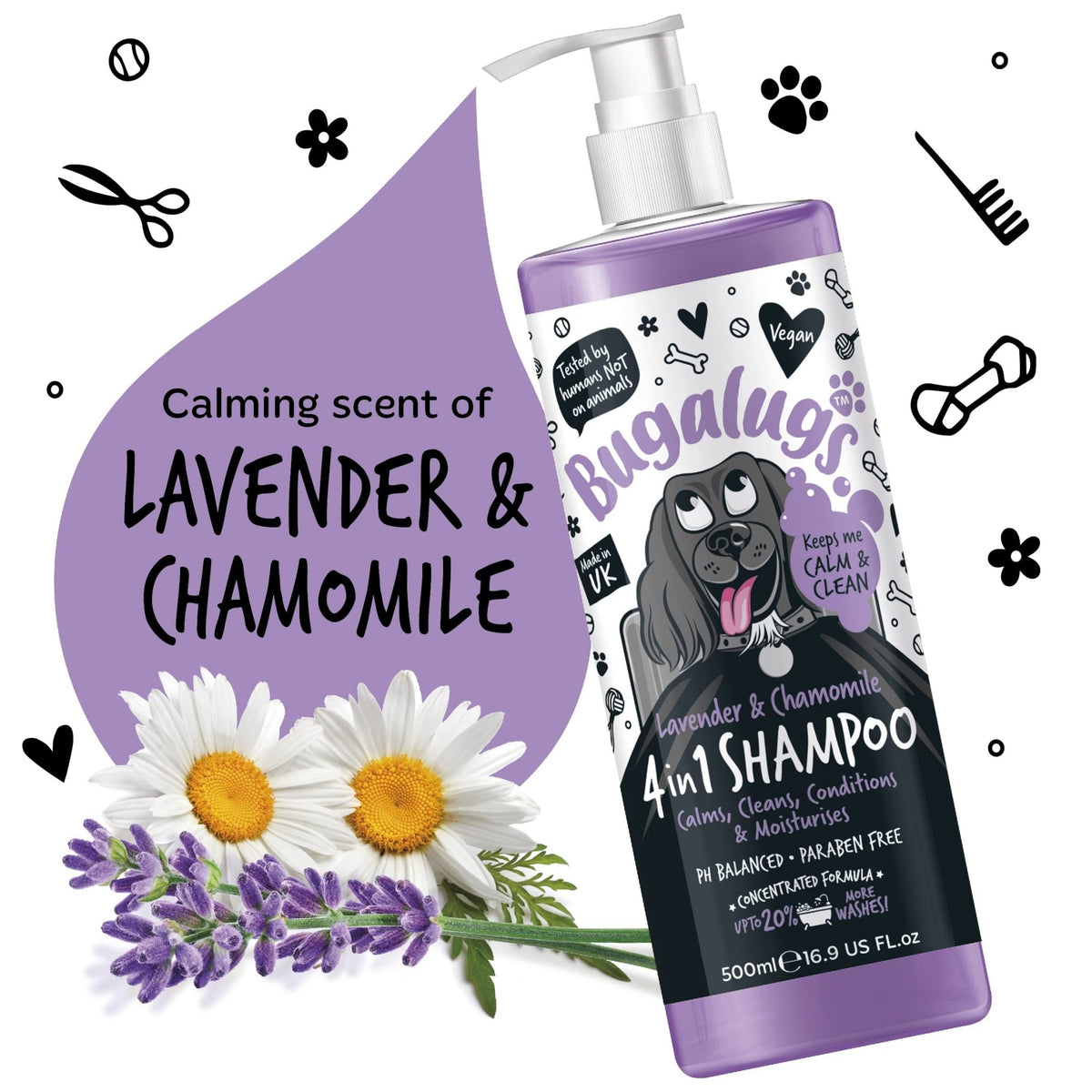 Bugalugs Lavender & Chamomile 4-in-1 Dog Shampoo and Conditioner - Professional Pet Grooming for Smelly Puppies - Vegan Formula (625ml) - Sayby’s