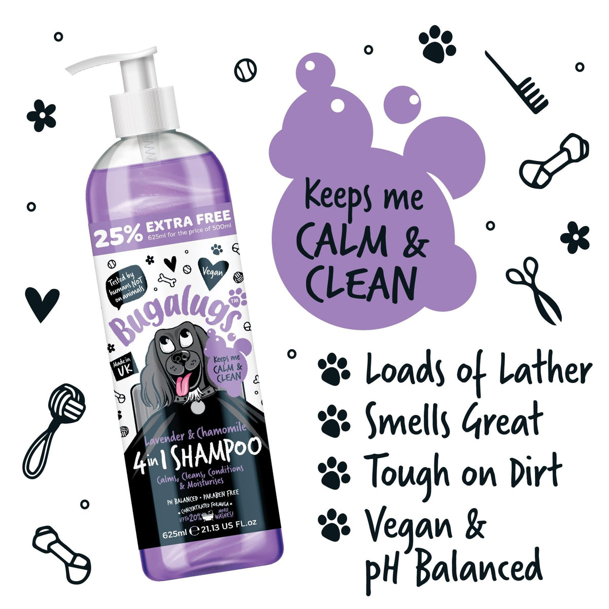 Bugalugs Lavender & Chamomile 4-in-1 Dog Shampoo and Conditioner - Professional Pet Grooming for Smelly Puppies - Vegan Formula (625ml) - Sayby’s