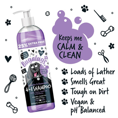 Bugalugs Lavender & Chamomile 4-in-1 Dog Shampoo and Conditioner - Professional Pet Grooming for Smelly Puppies - Vegan Formula (625ml) - Sayby’s