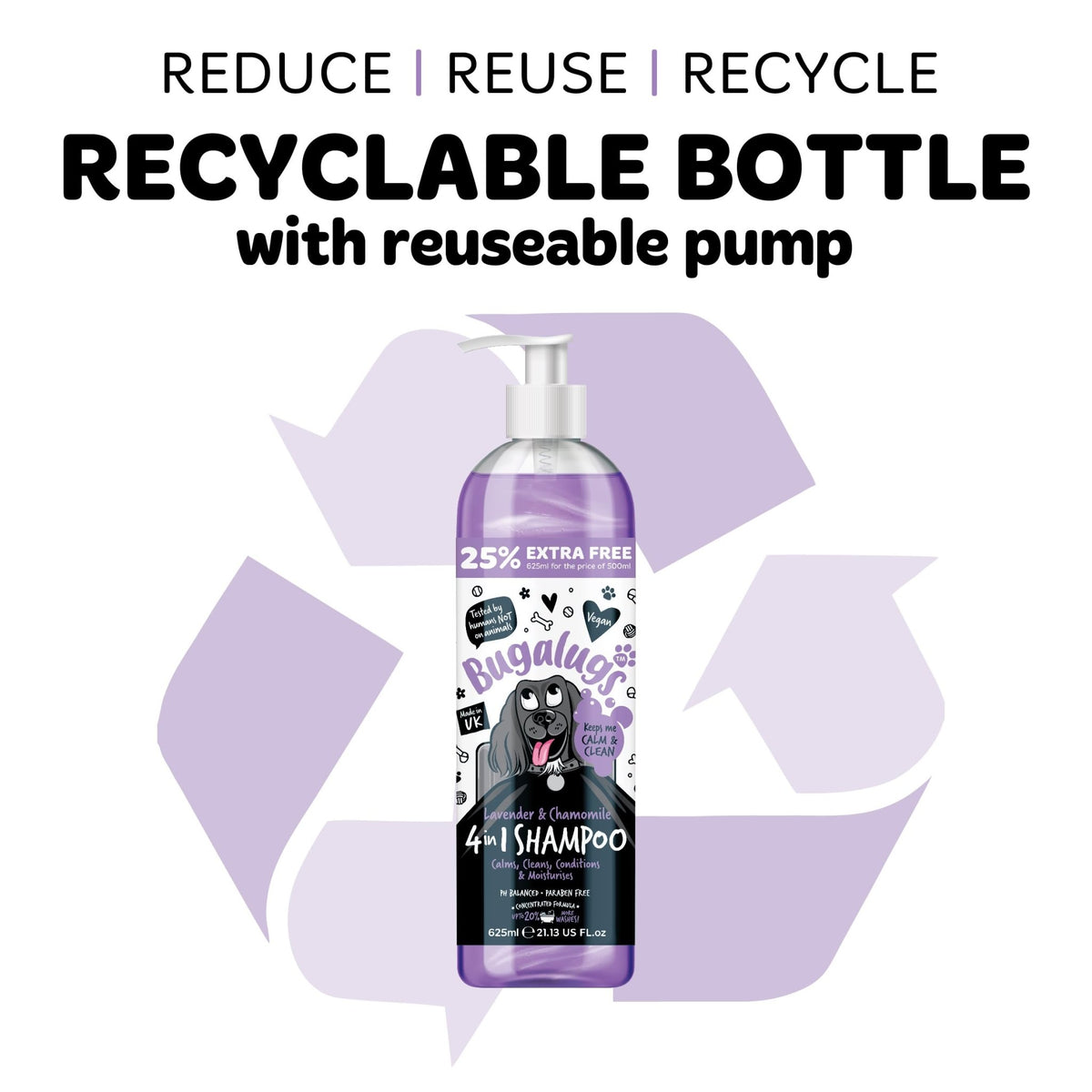 Bugalugs Lavender & Chamomile 4-in-1 Dog Shampoo and Conditioner - Professional Pet Grooming for Smelly Puppies - Vegan Formula (625ml) - Sayby’s