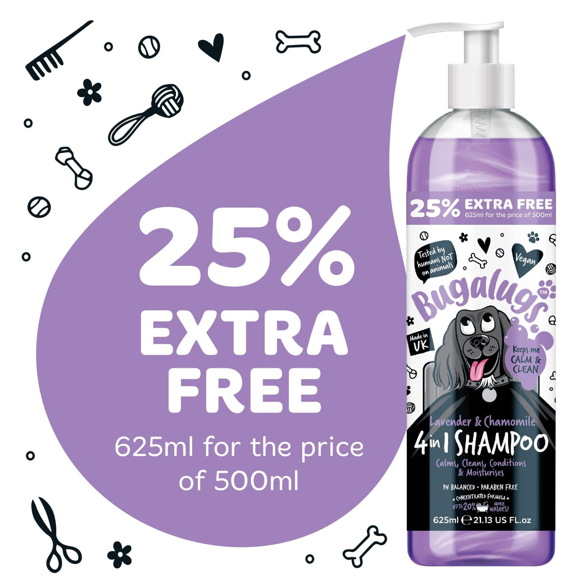 Bugalugs Lavender & Chamomile 4-in-1 Dog Shampoo and Conditioner - Professional Pet Grooming for Smelly Puppies - Vegan Formula (625ml) - Sayby’s