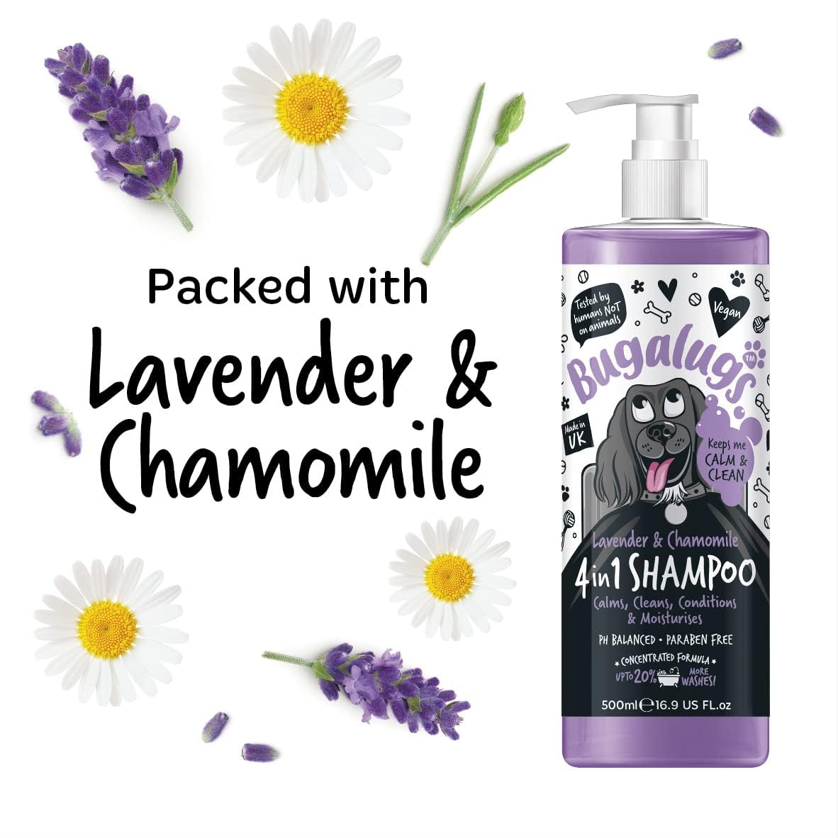 Bugalugs Lavender & Chamomile 4-in-1 Dog Shampoo and Conditioner - Professional Pet Grooming for Smelly Puppies - Vegan Formula (625ml) - Sayby’s