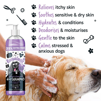 Bugalugs Lavender & Chamomile 4-in-1 Dog Shampoo and Conditioner - Professional Pet Grooming for Smelly Puppies - Vegan Formula (625ml) - Sayby’s