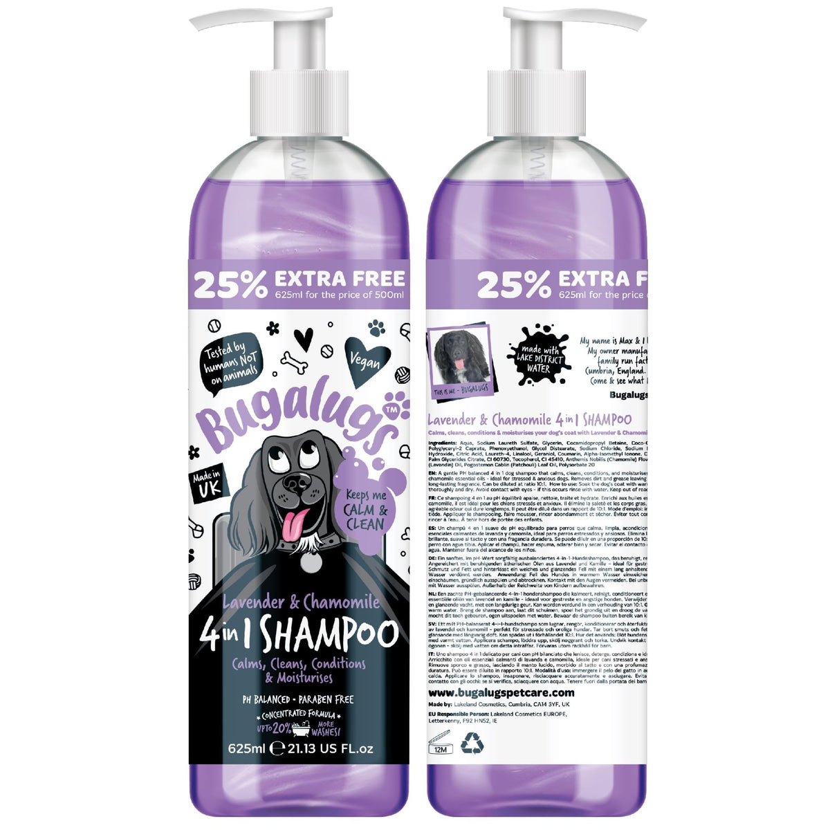 Bugalugs Lavender & Chamomile 4-in-1 Dog Shampoo and Conditioner - Professional Pet Grooming for Smelly Puppies - Vegan Formula (625ml) - Sayby’s
