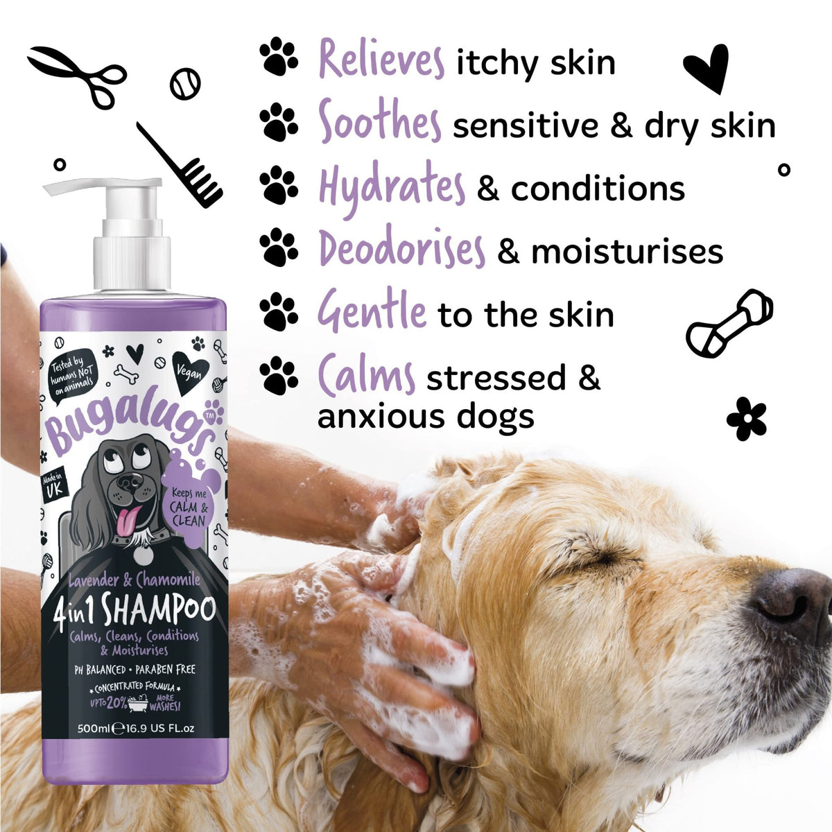Bugalugs Lavender & Chamomile 4-in-1 Dog Shampoo and Conditioner - Professional Pet Grooming for Smelly Puppies - Vegan Formula (625ml) - Sayby’s