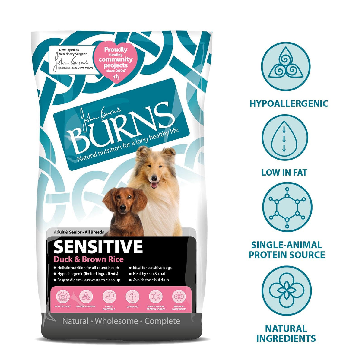 Burns Pet Nutrition Hypoallergenic Complete Dry Dog Food Adult and Senior Dog Sensitive with Duck and Brown Rice 2 kg - Sayby’s