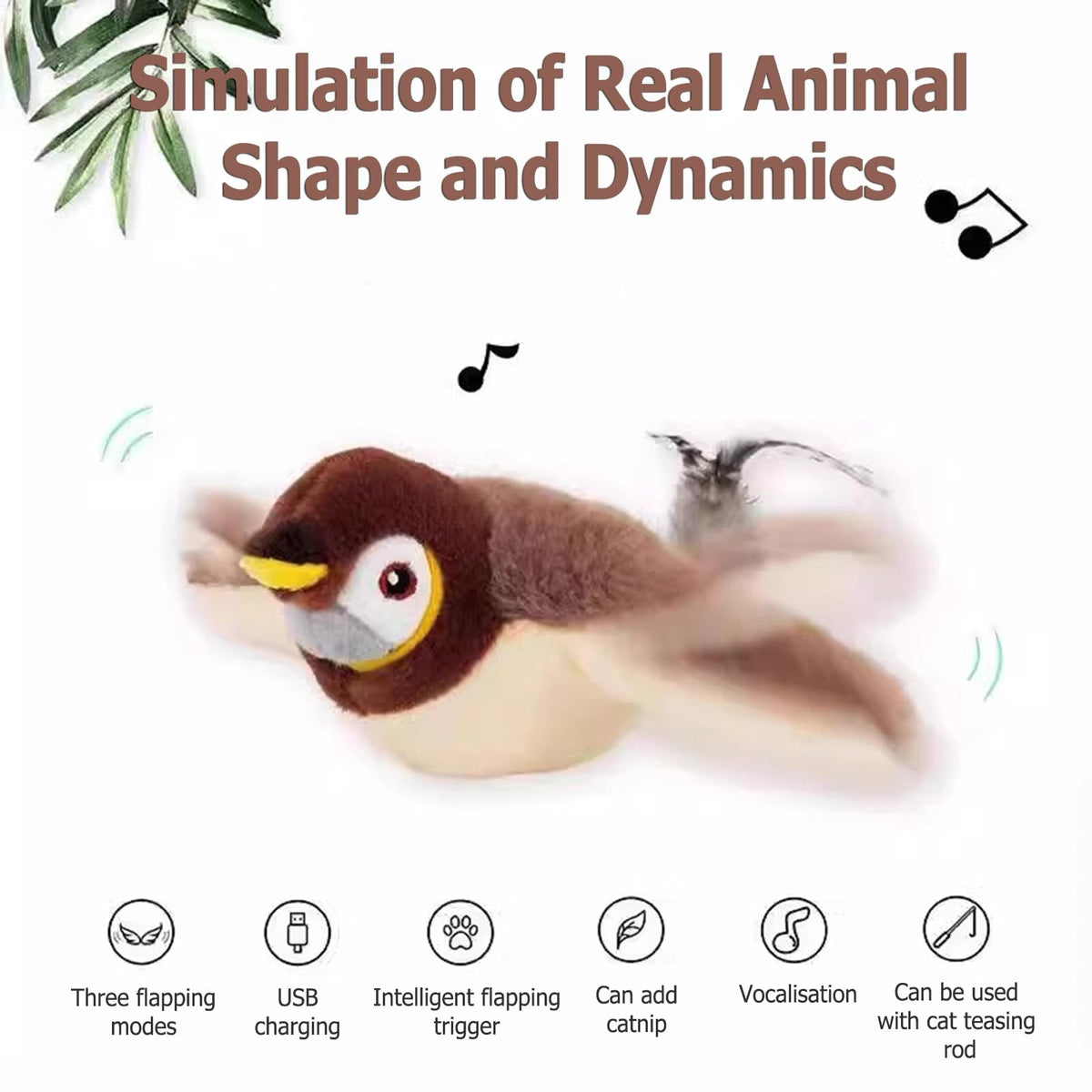 Cat Toys, Interactive Chirping Bird Cat Toy Flapping Wings, Simulated Electric Flying Bird Cat Toy, Touch Activated, Rechargeable Flying Bird Cat Toy for Indoor Cats (Sparrow) - Sayby’s