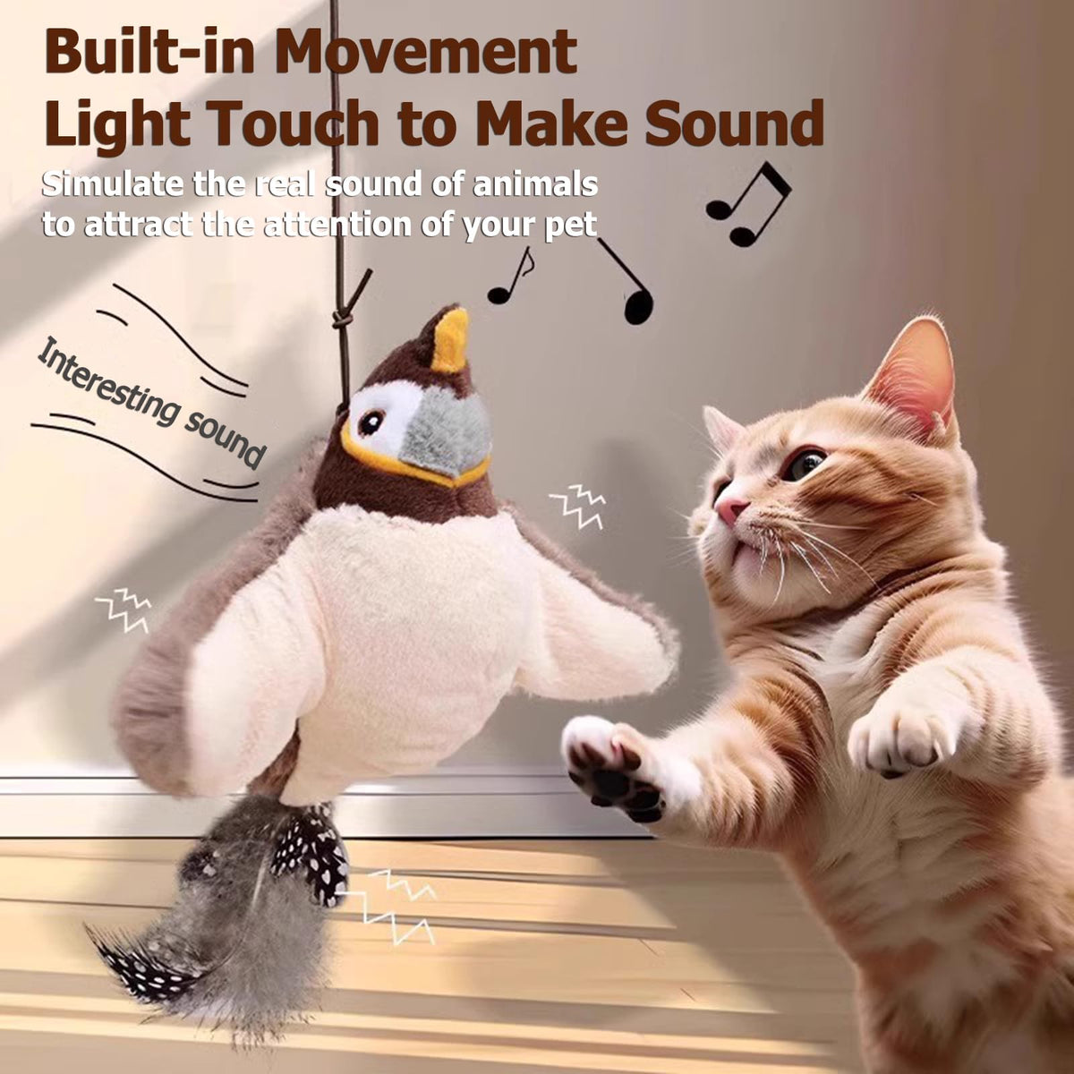 Cat Toys, Interactive Chirping Bird Cat Toy Flapping Wings, Simulated Electric Flying Bird Cat Toy, Touch Activated, Rechargeable Flying Bird Cat Toy for Indoor Cats (Sparrow) - Sayby’s