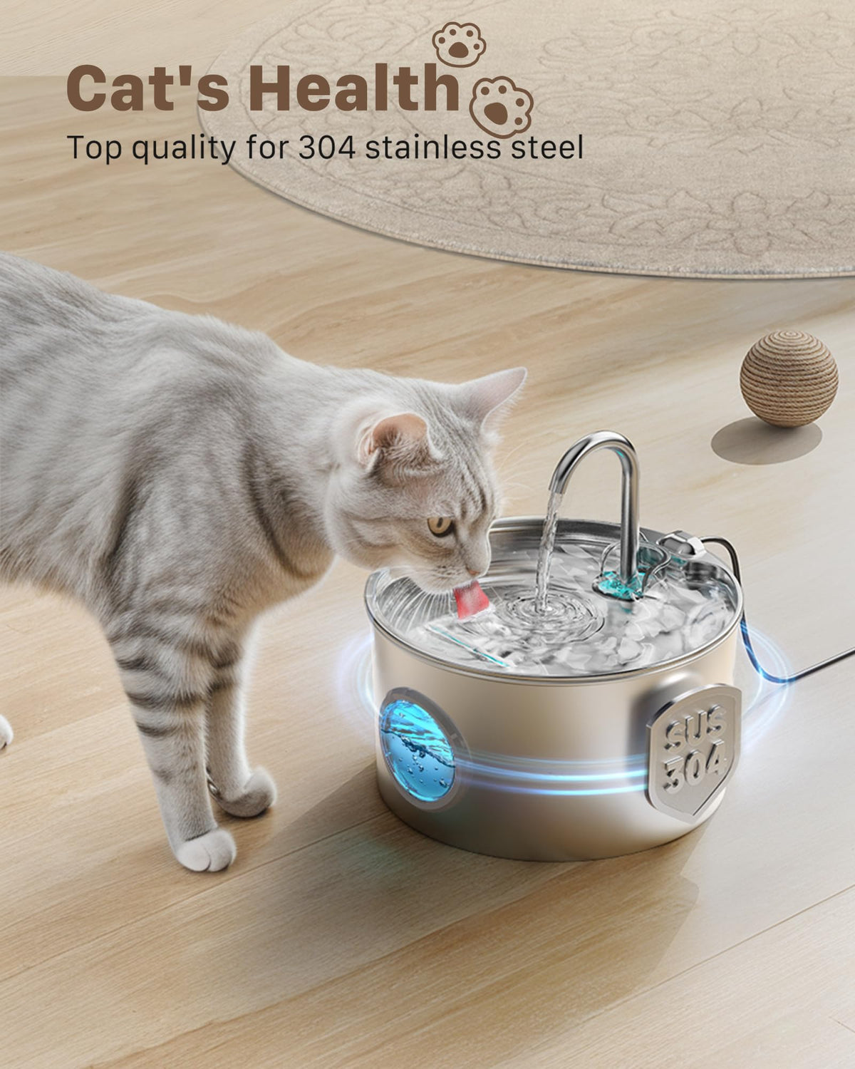 Cat Water Fountain for Drinking: Stainless Steel Cat Fountain - 2.2L Water Fountain Cat Bowl - Pet Water Fountain - Cat Drinking Fountain - Visible Water Level Cat Water Dispensers - GIOTOHUN - Sayby’s