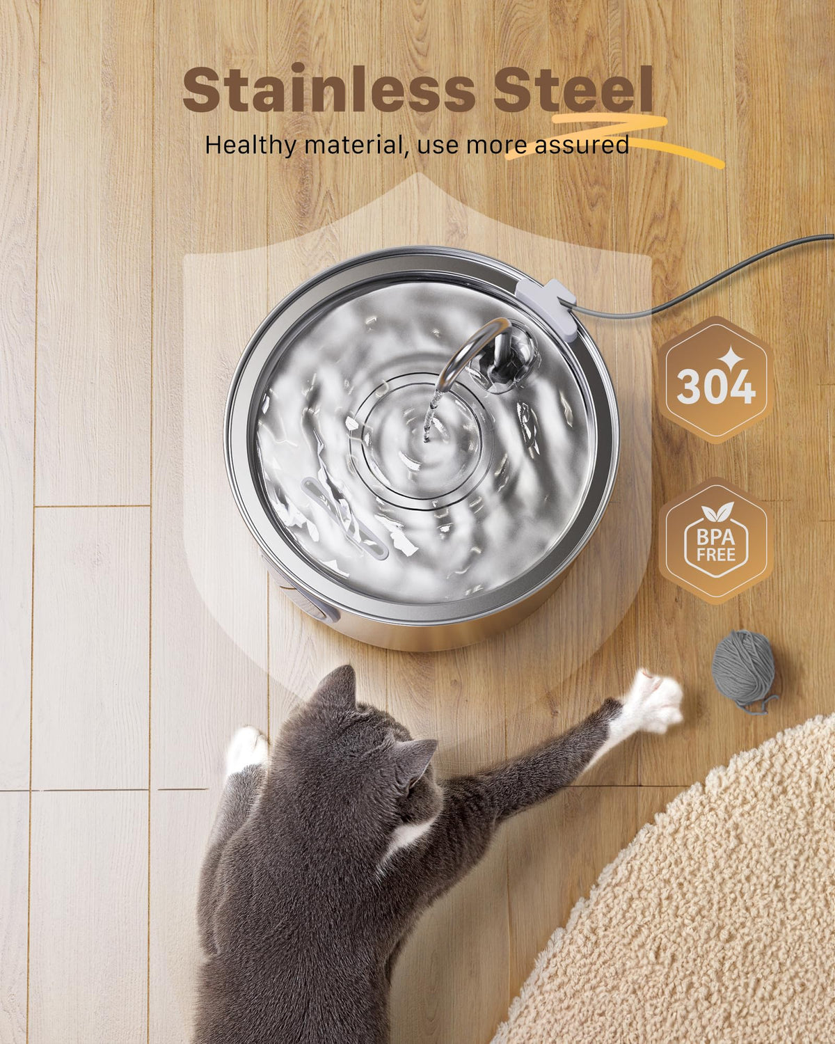 Cat Water Fountain for Drinking: Stainless Steel Cat Fountain - 2.2L Water Fountain Cat Bowl - Pet Water Fountain - Cat Drinking Fountain - Visible Water Level Cat Water Dispensers - GIOTOHUN - Sayby’s
