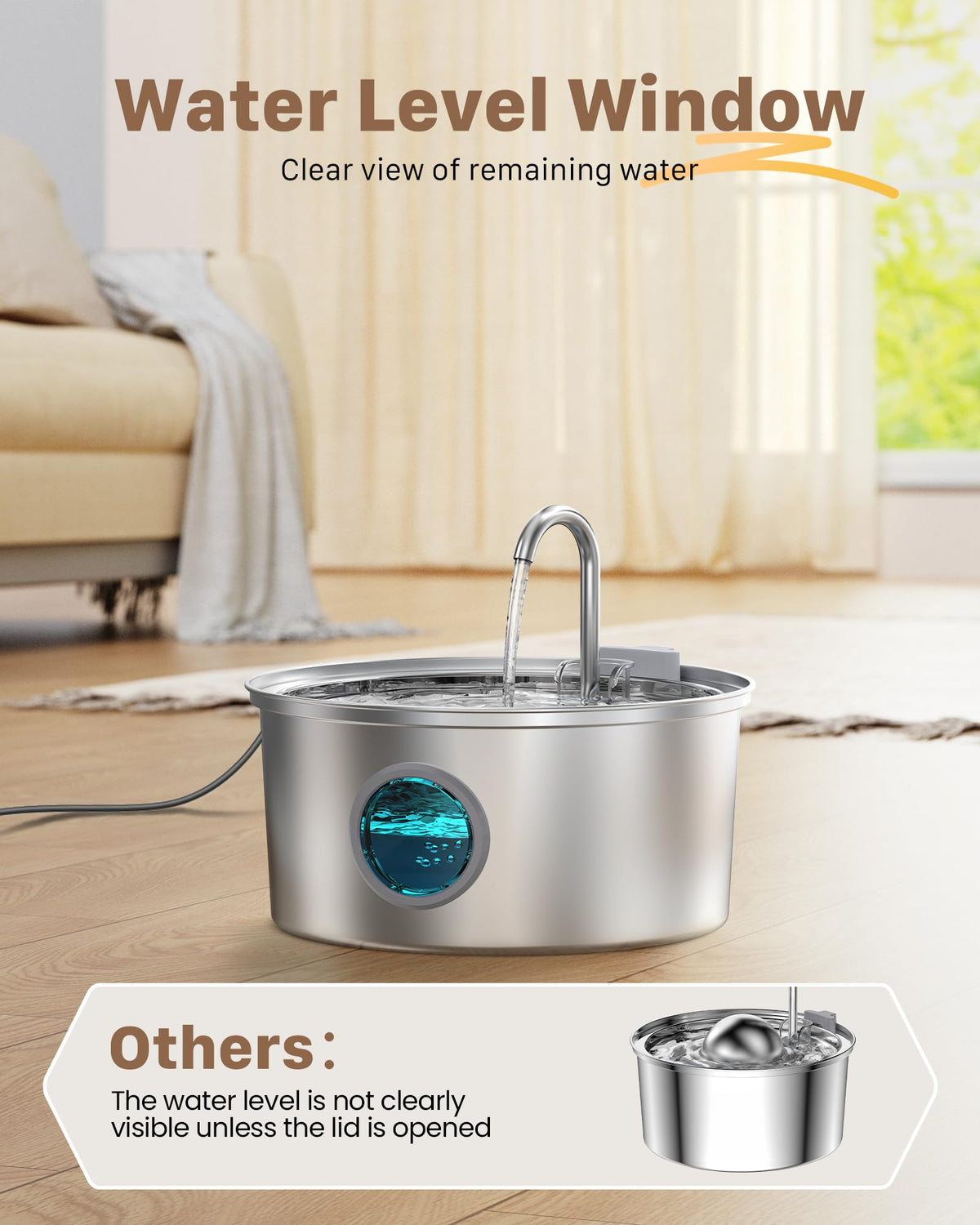 Cat Water Fountain for Drinking: Stainless Steel Cat Fountain - 2.2L Water Fountain Cat Bowl - Pet Water Fountain - Cat Drinking Fountain - Visible Water Level Cat Water Dispensers - GIOTOHUN - Sayby’s