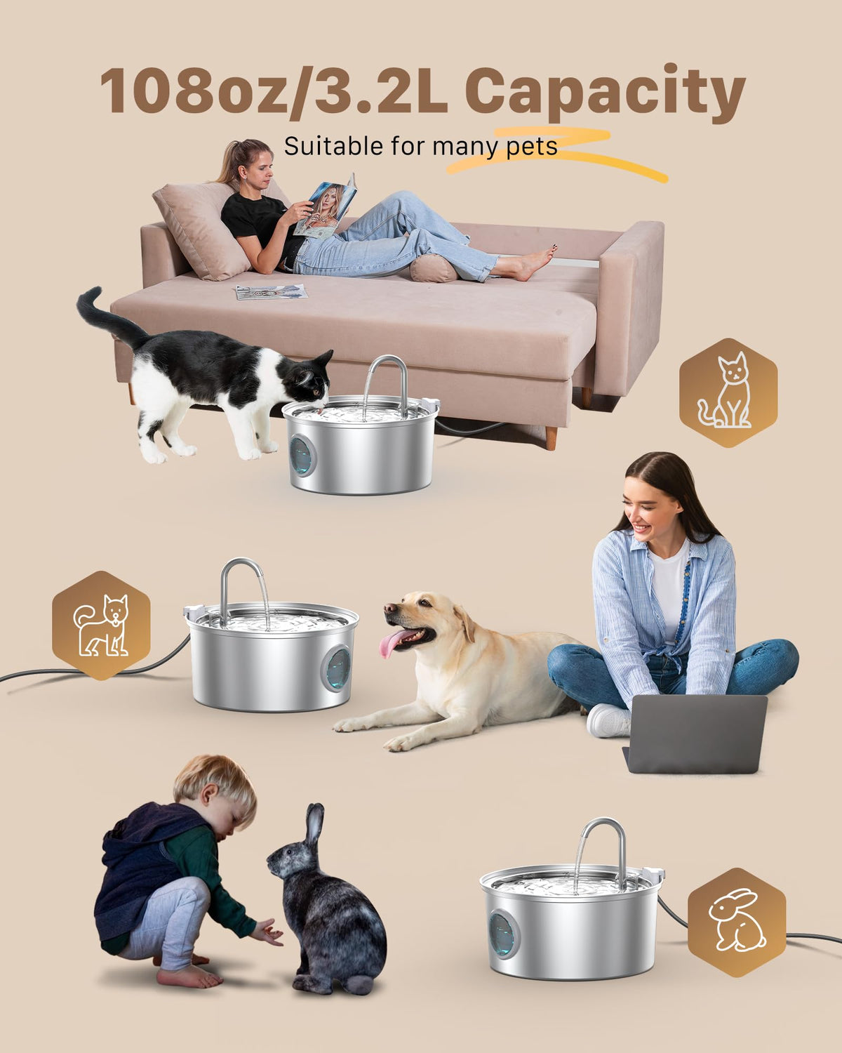 Cat Water Fountain for Drinking: Stainless Steel Cat Fountain - 2.2L Water Fountain Cat Bowl - Pet Water Fountain - Cat Drinking Fountain - Visible Water Level Cat Water Dispensers - GIOTOHUN - Sayby’s