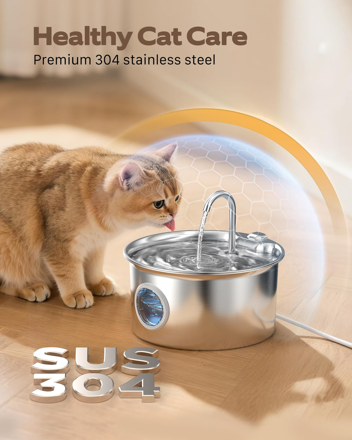 Cat Water Fountain for Drinking: Stainless Steel Cat Fountain - 2.6L Water Fountains Cats Bowl automatic - Silent Pet Water Fountain Indoor - Pet Drinking Fountain with Visible Water Level Window - Sayby’s