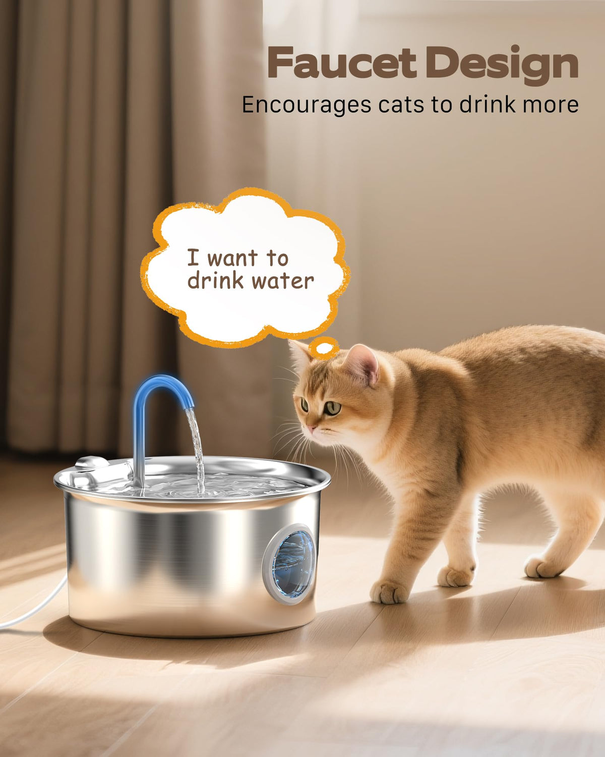 Cat Water Fountain for Drinking: Stainless Steel Cat Fountain - 2.6L Water Fountains Cats Bowl automatic - Silent Pet Water Fountain Indoor - Pet Drinking Fountain with Visible Water Level Window - Sayby’s