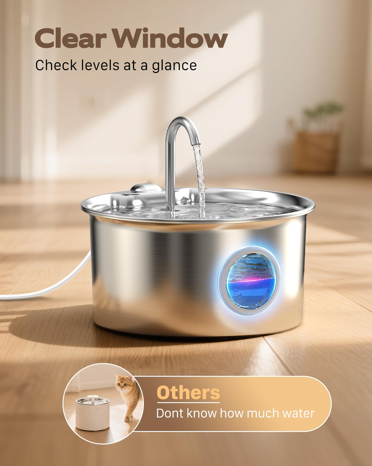 Cat Water Fountain for Drinking: Stainless Steel Cat Fountain - 2.6L Water Fountains Cats Bowl automatic - Silent Pet Water Fountain Indoor - Pet Drinking Fountain with Visible Water Level Window - Sayby’s