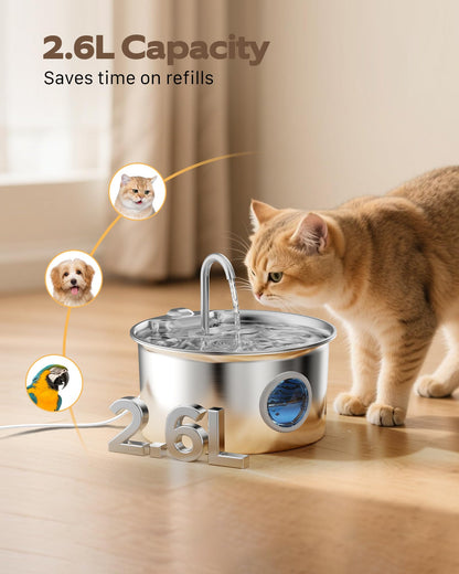 Cat Water Fountain for Drinking: Stainless Steel Cat Fountain - 2.6L Water Fountains Cats Bowl automatic - Silent Pet Water Fountain Indoor - Pet Drinking Fountain with Visible Water Level Window - Sayby’s