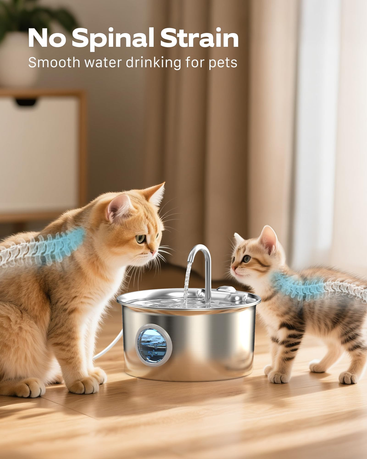 Cat Water Fountain for Drinking: Stainless Steel Cat Fountain - 2.6L Water Fountains Cats Bowl automatic - Silent Pet Water Fountain Indoor - Pet Drinking Fountain with Visible Water Level Window - Sayby’s