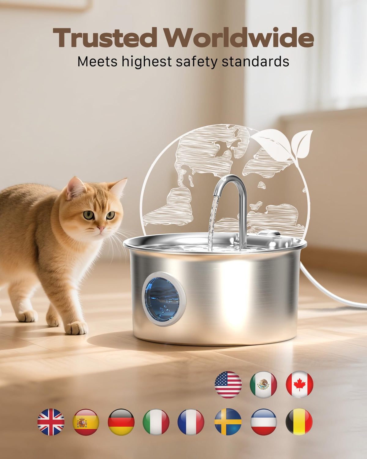 Cat Water Fountain for Drinking: Stainless Steel Cat Fountain - 2.6L Water Fountains Cats Bowl automatic - Silent Pet Water Fountain Indoor - Pet Drinking Fountain with Visible Water Level Window - Sayby’s